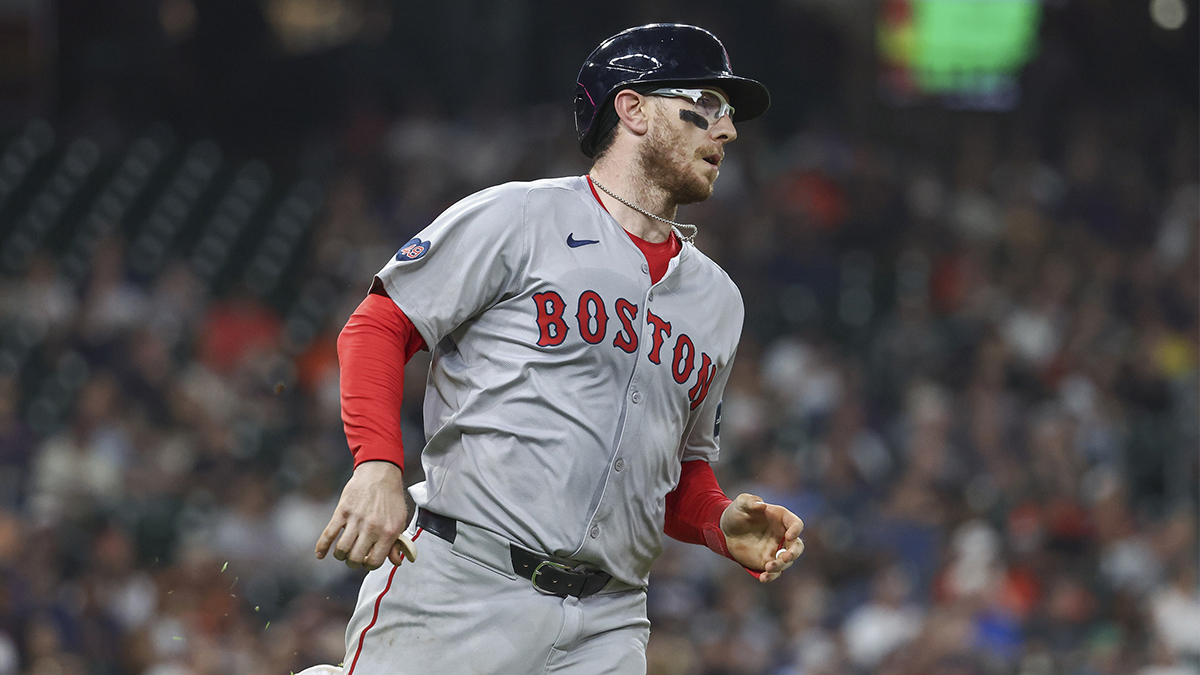 Boston Red Sox catcher Danny Jansen (28) runs to first base with a single in the fourth inning against the Houston Astros at Minute Maid Park. 