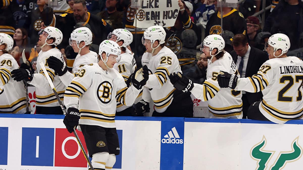 Boston Bruins left wing Danton Heinen (43) is congratulated after he scored a goal against the Tampa Bay Lightning during the first period at Amalie Arena.