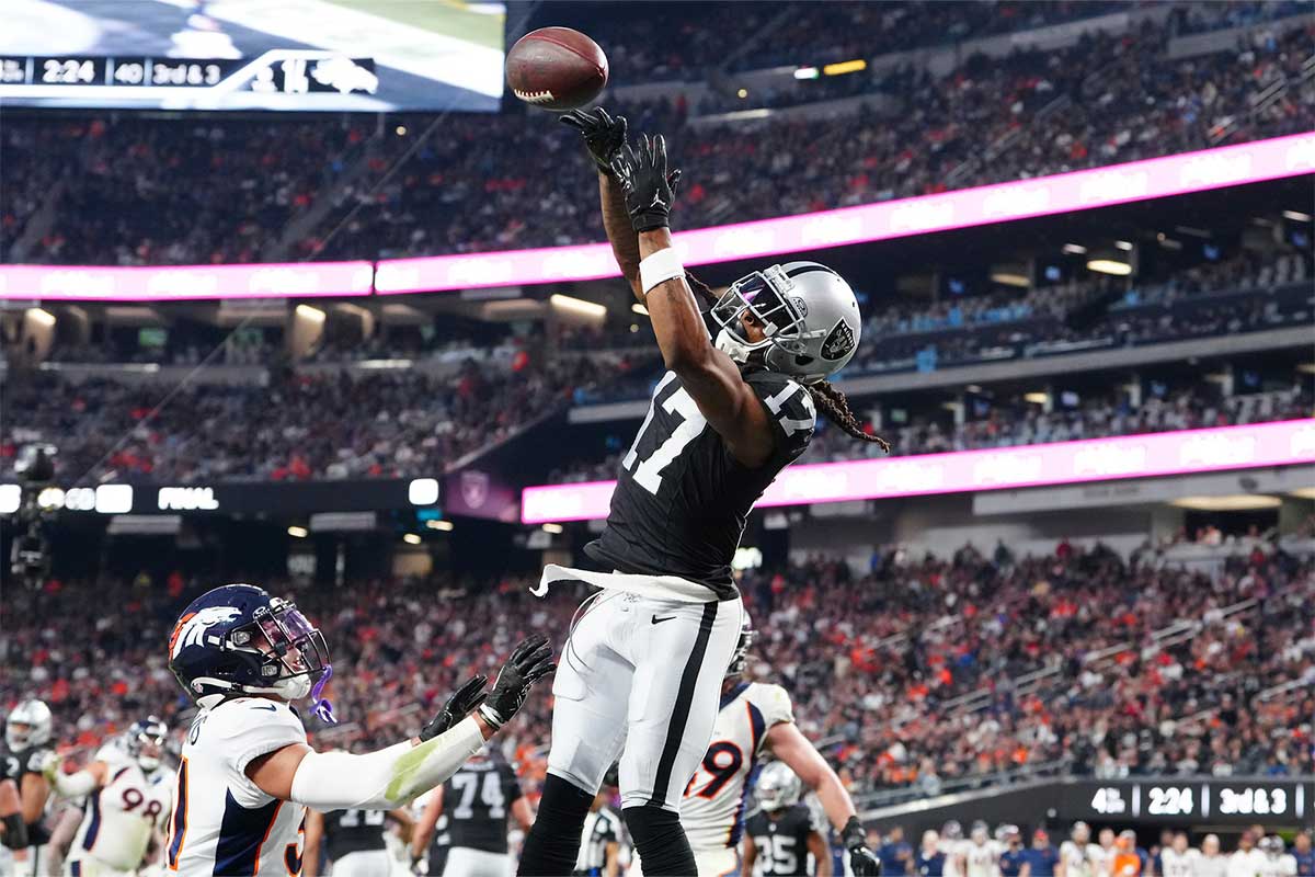 Las Vegas Raiders wide receiver Davante Adams (17) misses a pass in the end zone against the Denver Broncos during the fourth quarter at Allegiant Stadium.