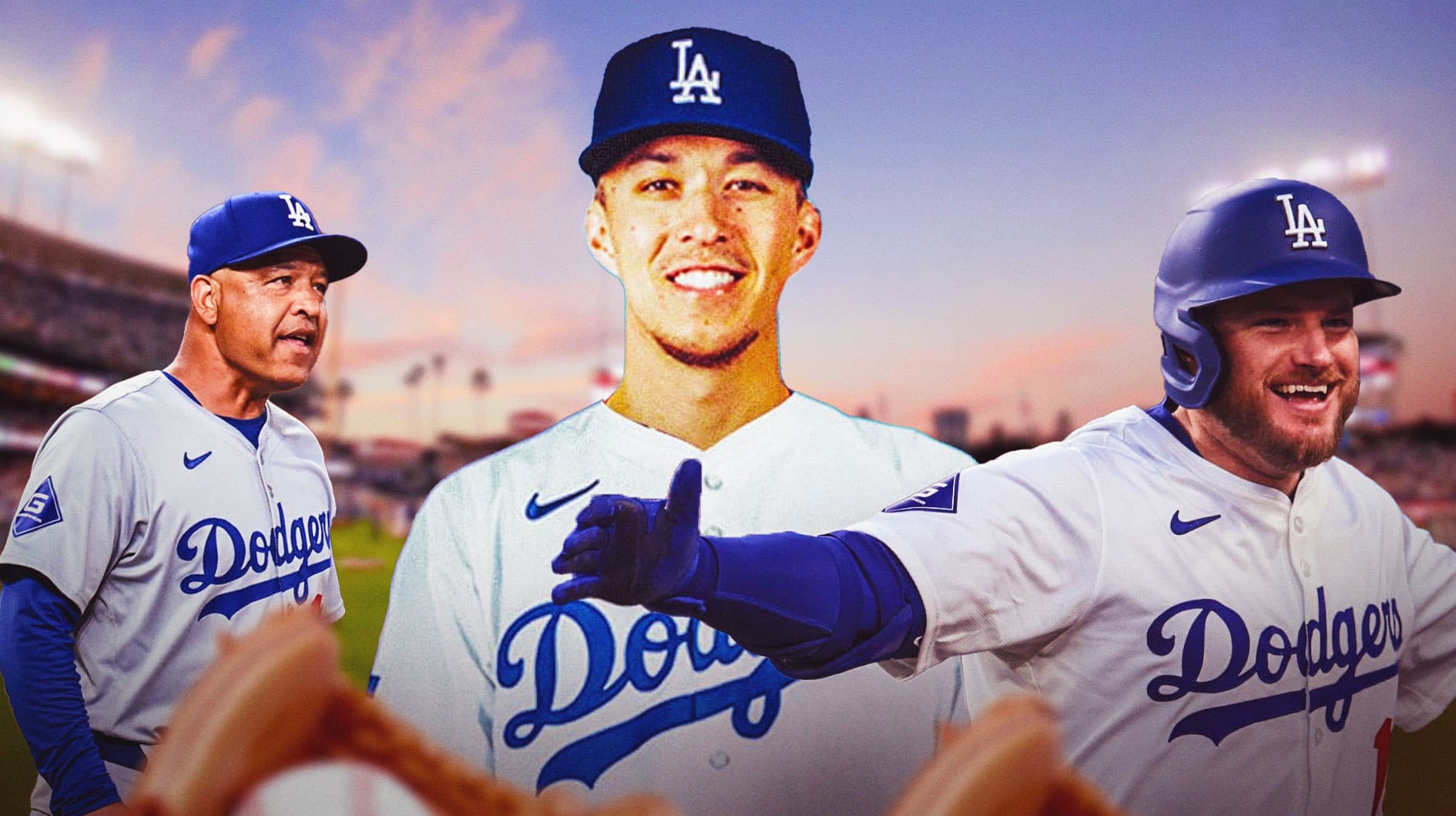 Dodgers' Max Muncy and Tommy Edman smiling, with Dave Roberts looking at them