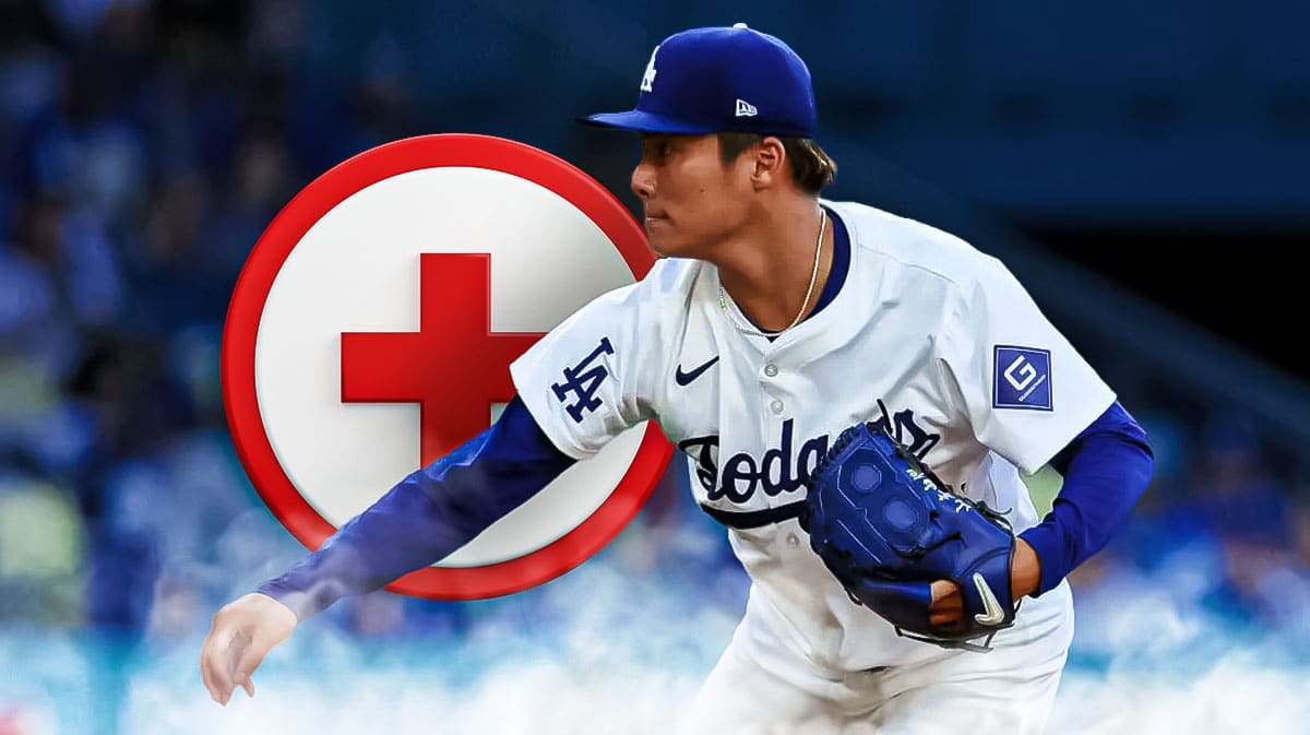 Yoshinobu Yamamoto pitching in a Los Angeles Dodgers uniform with a red and white first aid symbol in the image as Yamamoto has been on the injured list since June but is nearing a return to pitching for the dodgers.