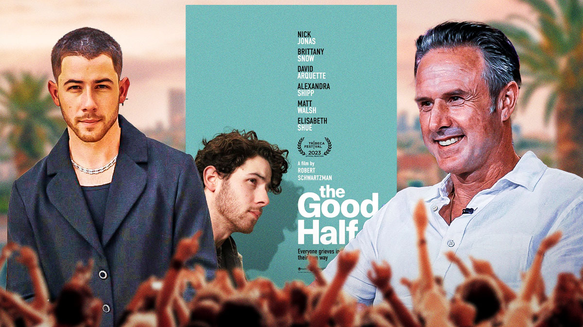 Nick Jonas and David Arquette with The Good Half poster.