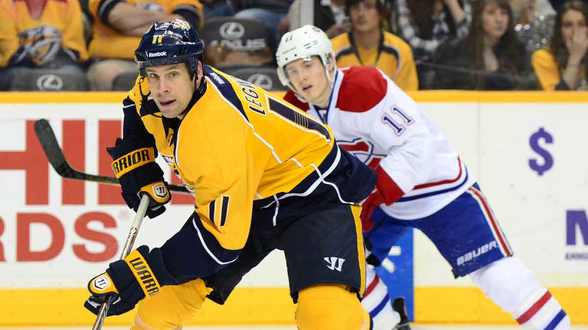 Nashville Predators center David Legwand (11) handles the puck against the Montreal Canadiens during the third period at Bridgestone Arena. The Canadiens beat the Predators 4-3 in overtime