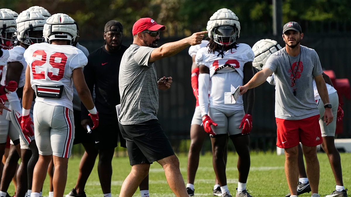 hio State Buckeyes head coach Ryan Day directs his team during football practice at the Woody Hayes Athletic Complex.