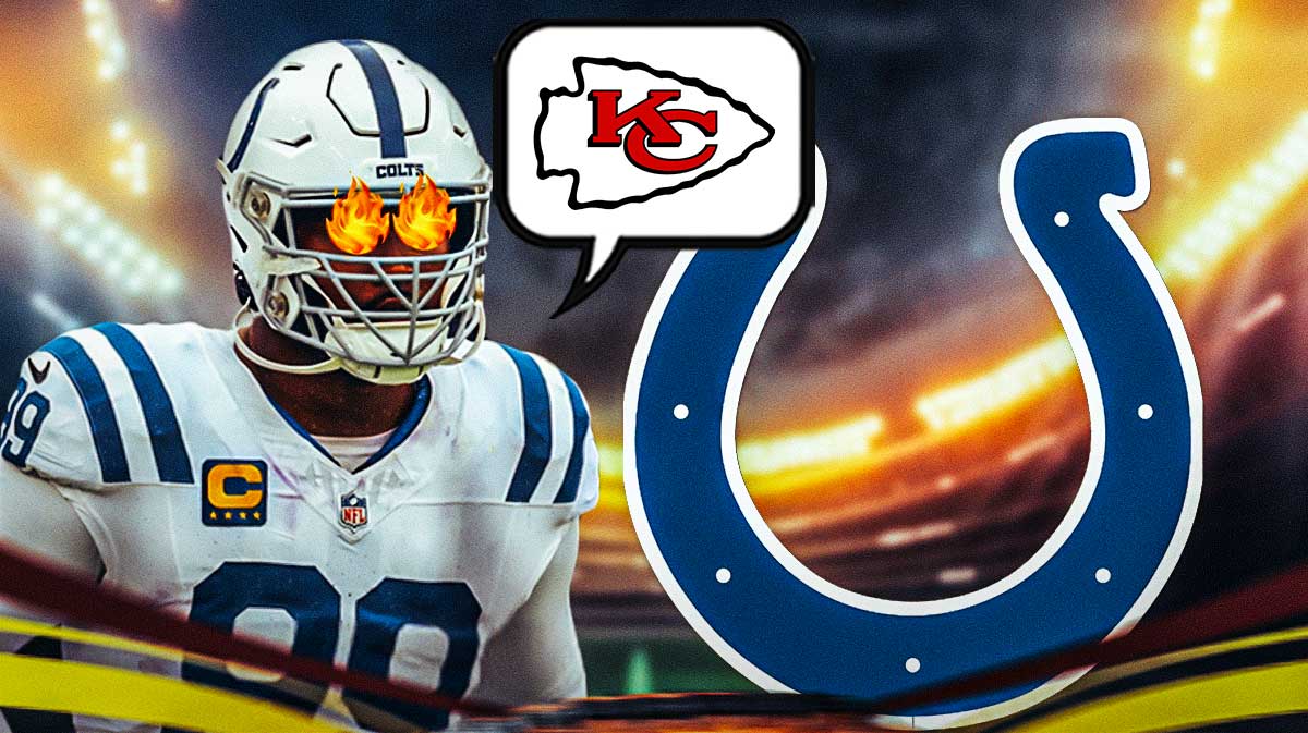 Indianapolis Colts DT DeForest Buckner with fire in his eyes with a speech bubble that has a logo for the Kansas City Chiefs inside. There is also a logo for the Indianapolis Colts.