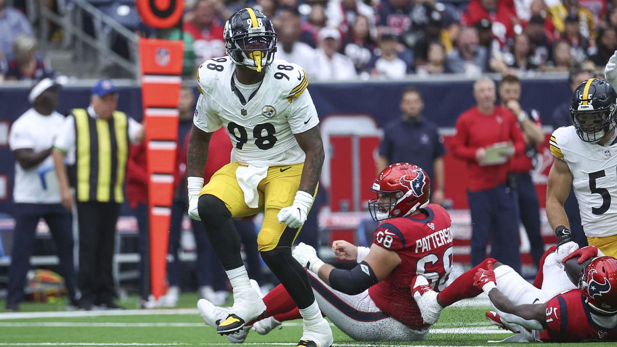 Pittsburgh Steelers defensive end DeMarvin Leal (98) reacts after making a play during the game against the Houston Texans at NRG Stadium.