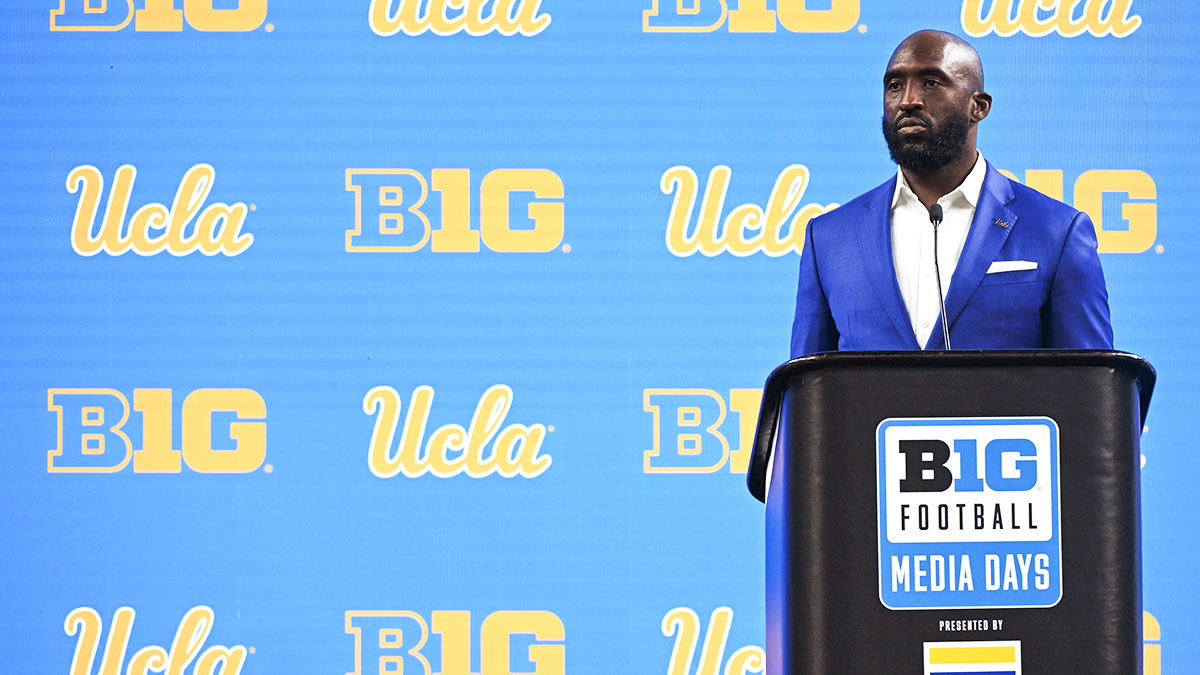 UCLA Bruins head coach DeShaun Foster speaks to the media during the Big 10 football media day at Lucas Oil Stadium.