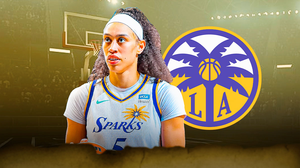 LA Sparks player Dearica Hamby with the LA Sparks arena in the background, Liberty