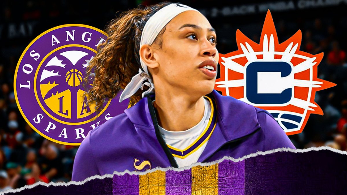 LA Sparks player Dearica Hamby with the LA Sparks and Connecticut Sun logos in the background
