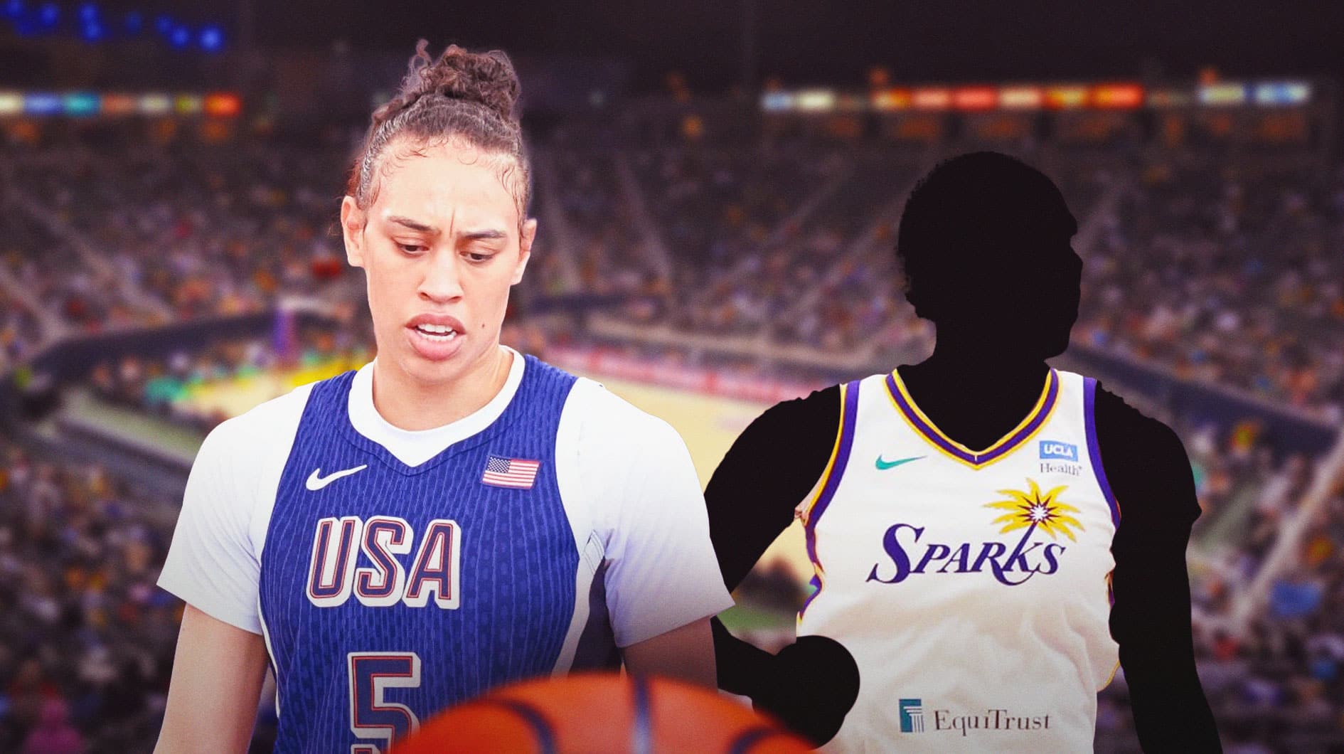 Thumb: Dearica Hamby in her LA Sparks jersey alongside a shadowy player in a Sparks jersey. Have the Sparks arena in the background, Olympics