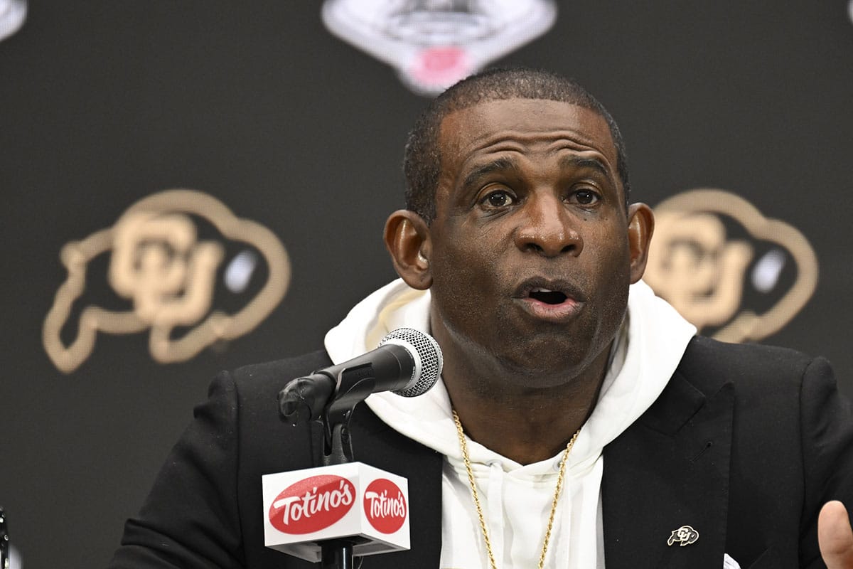 Colorado Buffaloes head coach Deion Sanders speaks to the media during the Big 12 Media Days at Allegiant Stadium. 