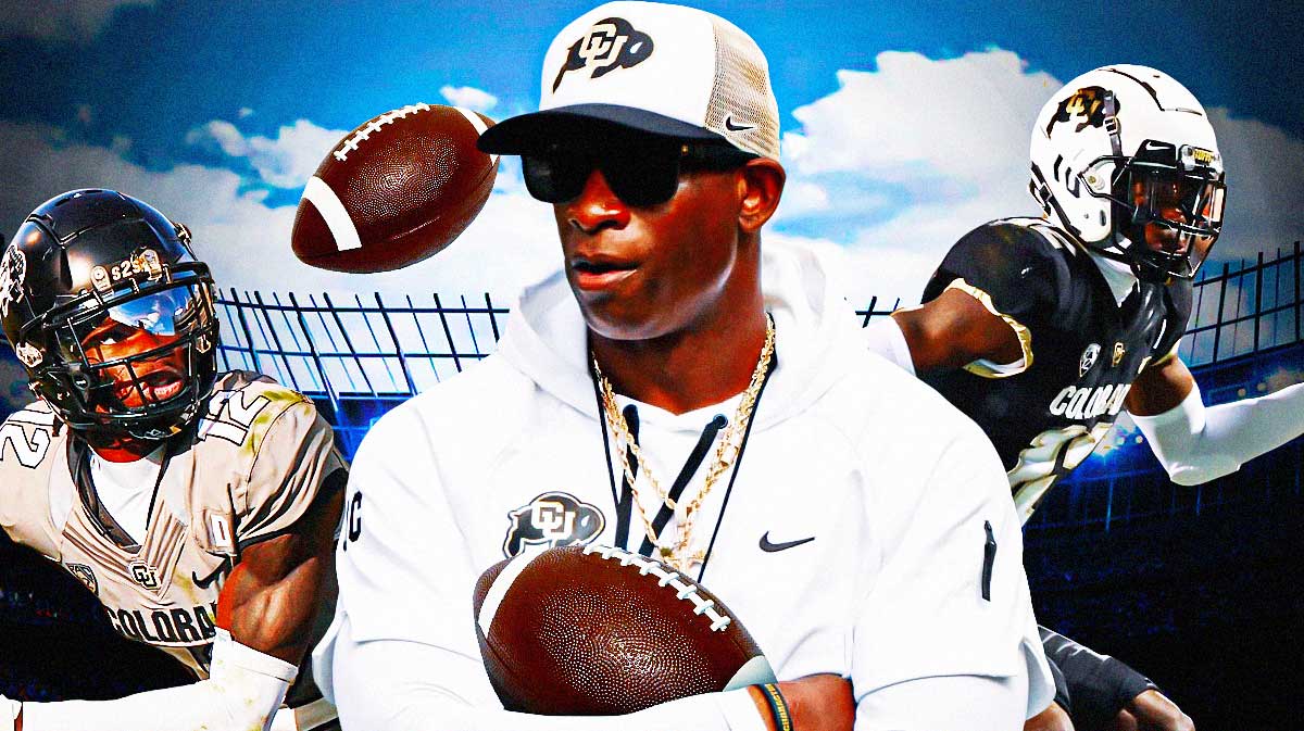 Colorado football Deion Sanders in middle smiling. On left, need Colorado football Travis Hunter catching a football. On right, need Colorado football Travis Hunter playing defense as a cornerback.
