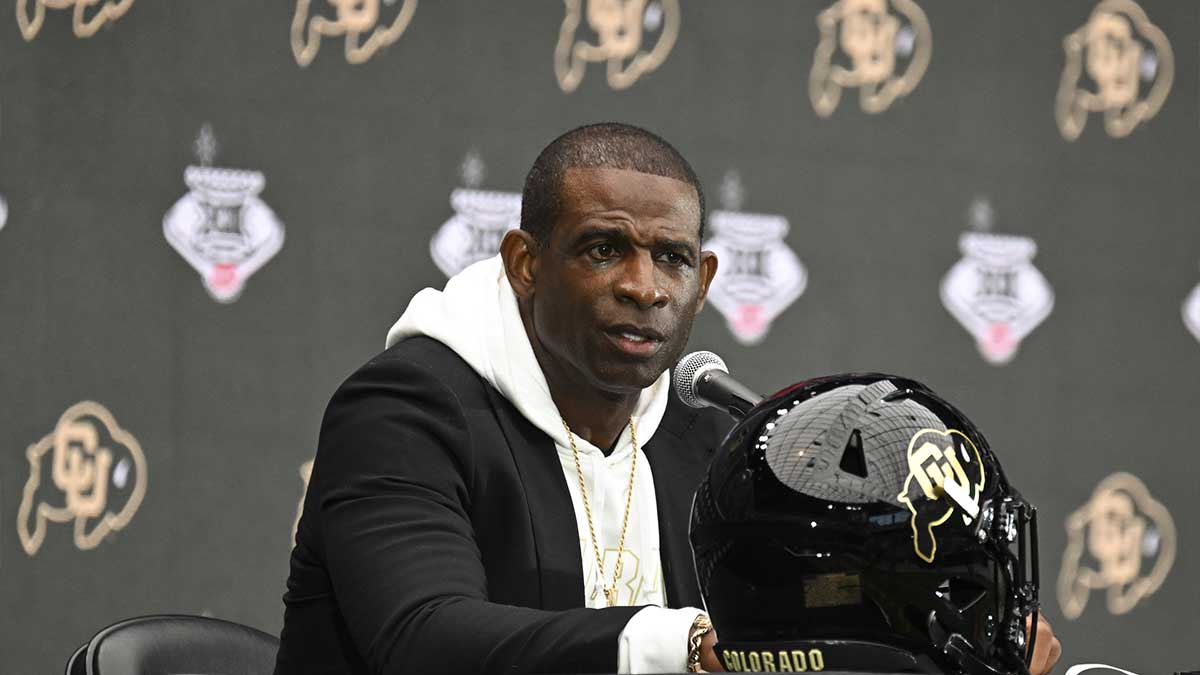 Colorado Buffaloes head coach Deion Sanders speaks to the media during the Big 12 Media Days at Allegiant Stadium.
