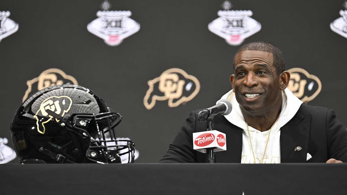 Colorado Buffaloes head coach Deion Sanders speaks to the media during the Big 12 Media Days at Allegiant Stadium.