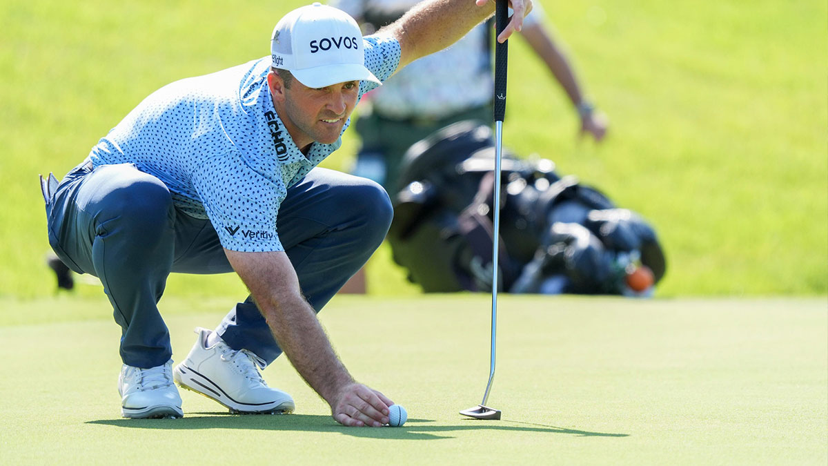 Denny McCarthy sizes up a putt on the ninth hole during the second day of the FedEx St. Jude Championship at TPC Southwind in Memphis, Tenn.