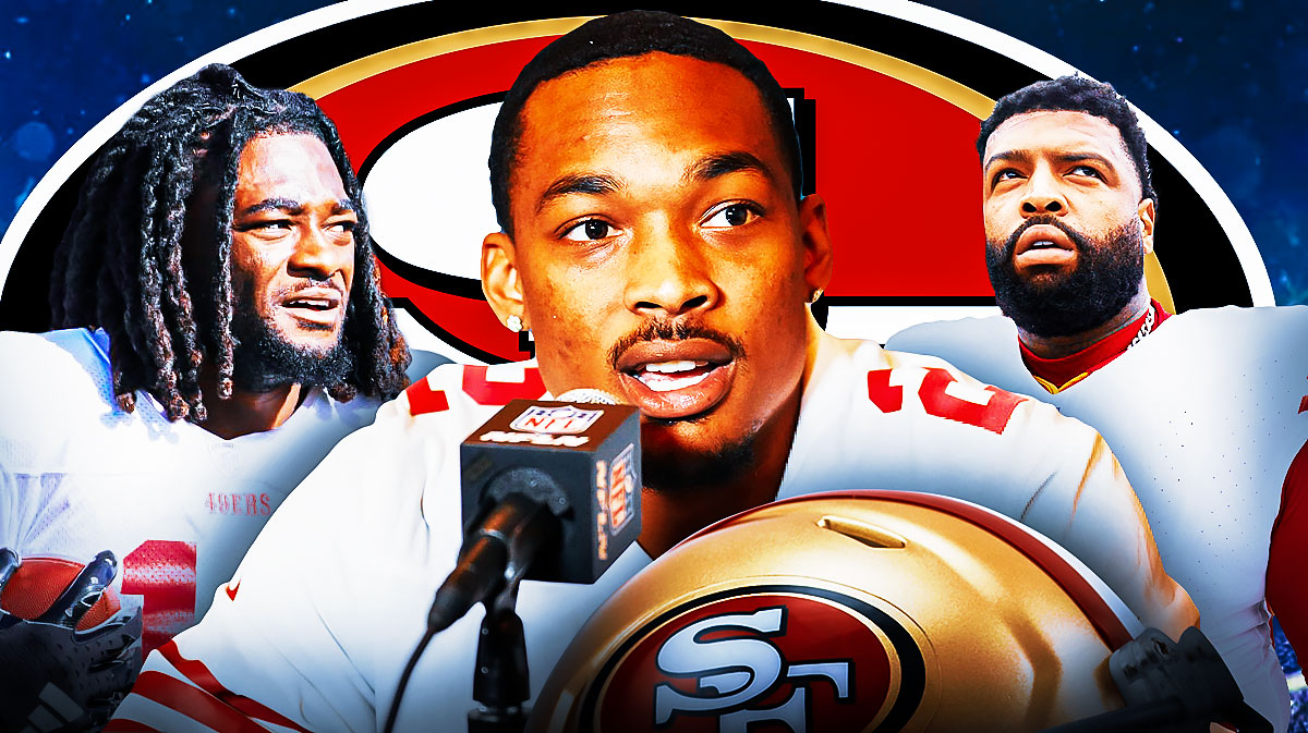 San Francisco 49ers CB Deommodore Lenoir with WR Brandon Aiyuk and tackle Trent Williams. There is also a logo for the San Francisco 49ers.