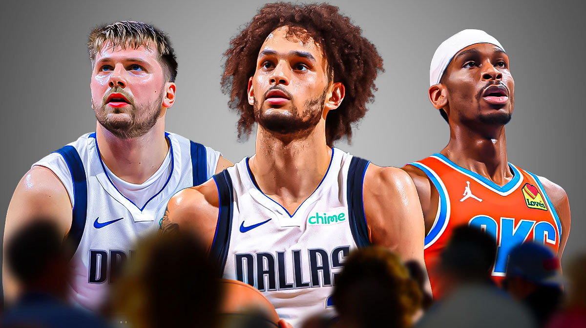 Dereck Lively in the middle of Luka Doncic and Shai Gilgeous Alexander.