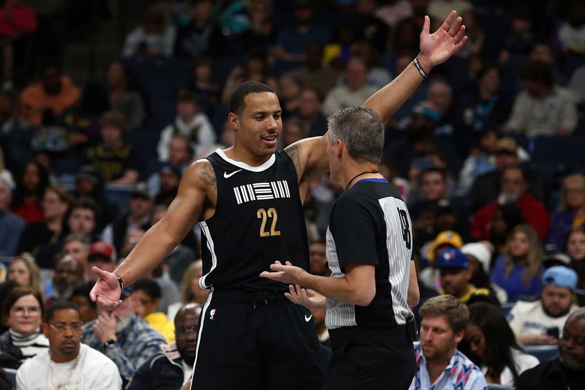 Memphis Grizzlies guard Desmond Bane (22) reacts toward an official during the first half against the Los Angeles Lakers at FedExForum. 