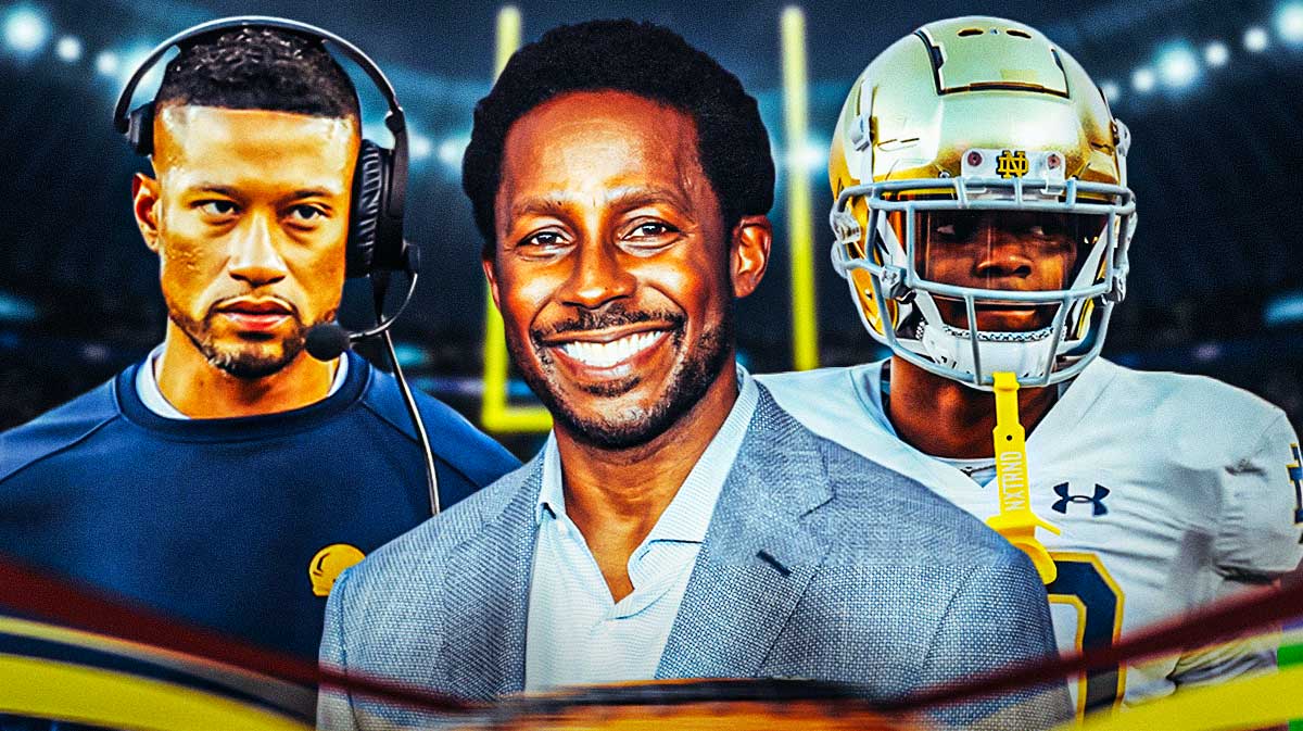 ESPN analyst Demond Howard between Notre Dame head coach Marcus Freeman and cornerback Benjamin Morrison