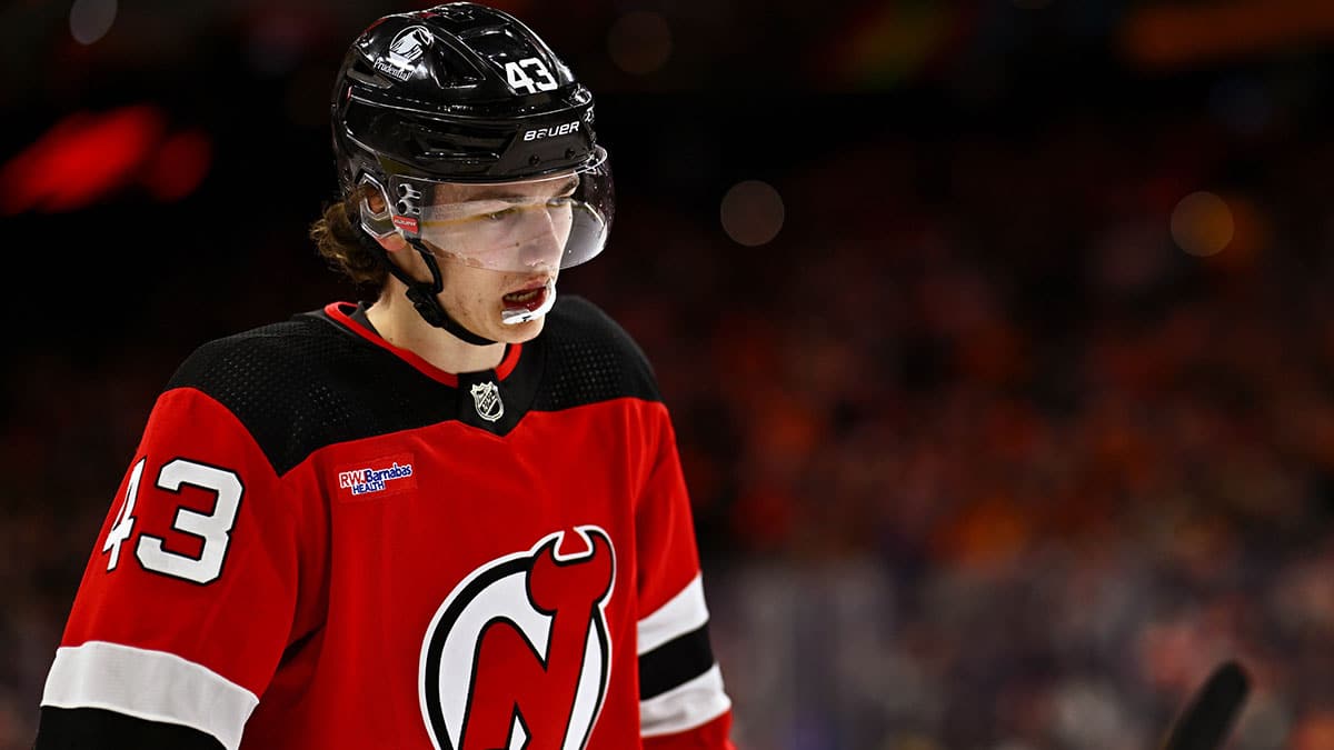 New Jersey Devils defenseman Luke Hughes (43) looks on against the Philadelphia Flyers in the first period at Wells Fargo Center.