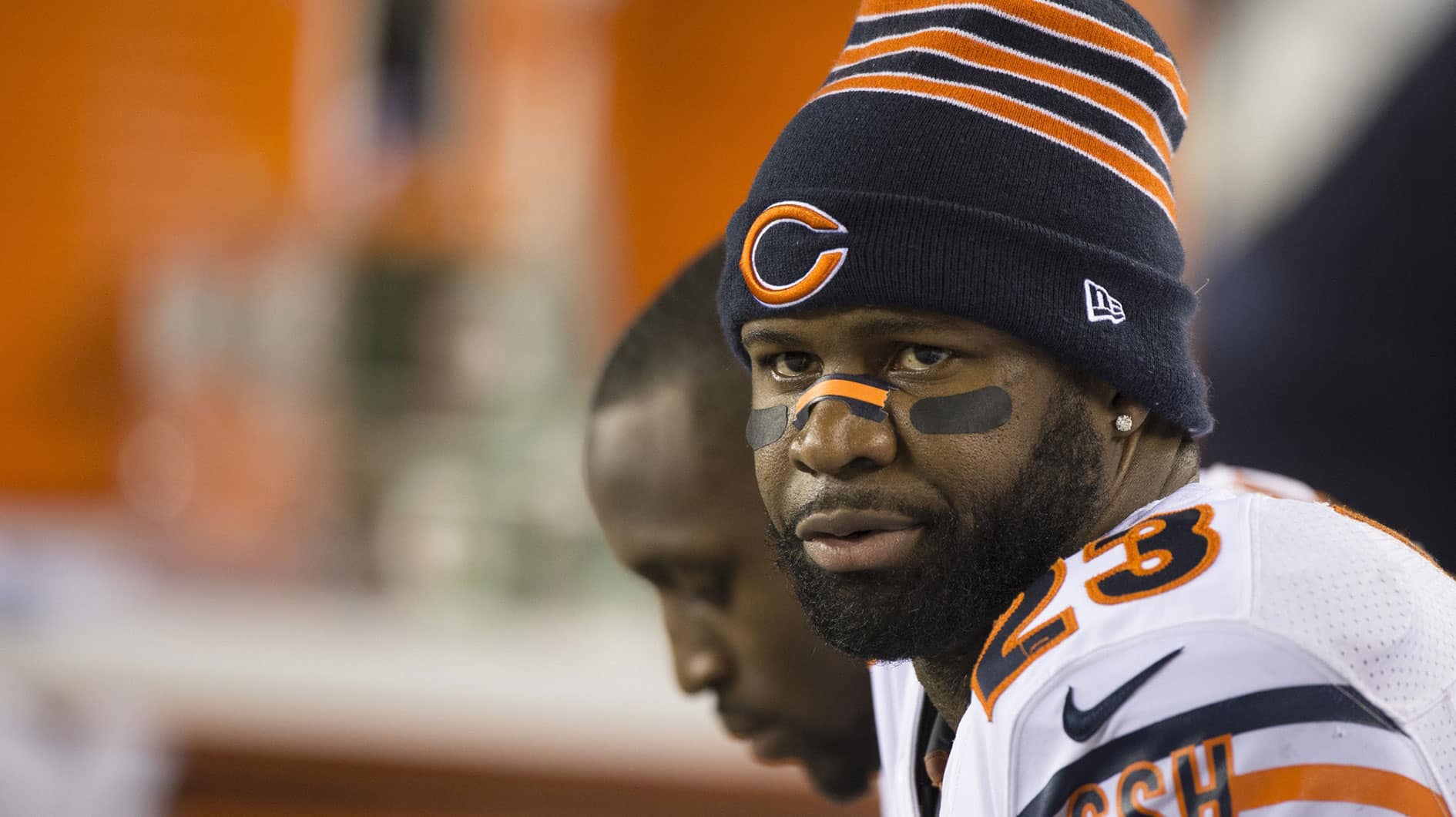 Chicago Bears wide receiver Devin Hester (23) sits on the bench during the fourth quarter at Lincoln Financial Field. Philadelphia Eagles defeated the Chicago Bears 54-11