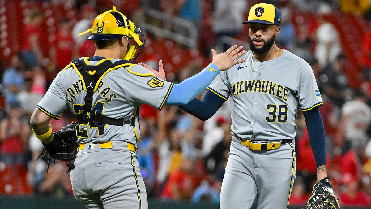 Aug 20, 2024; St. Louis, Missouri, USA; Milwaukee Brewers relief pitcher Devin Williams (38) celebrates with catcher William Contreras (24) after the Brewers defeated the St. Louis Cardinals at Busch Stadium. Mandatory Credit: Jeff Curry-USA TODAY Sports