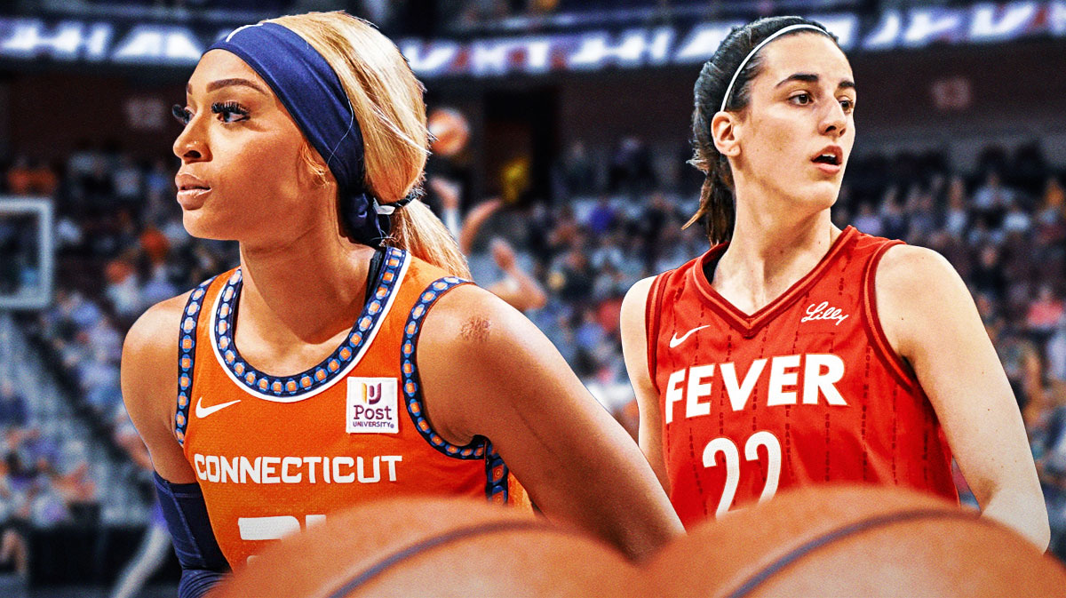 DiJonai Carrington in a Sun jersey and Caitlin Clark in a Fever jersey.