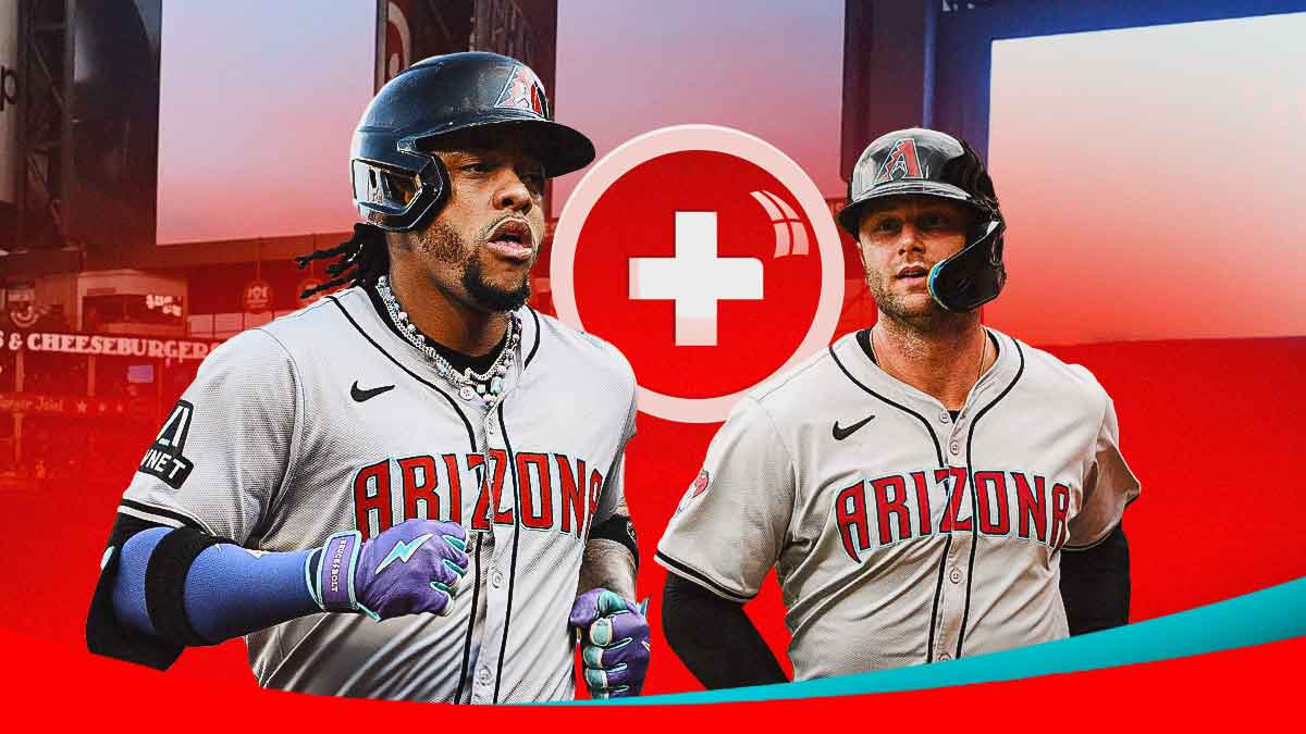 Ketel Marte and Christian Walker in Arizona Diamondbacks uniforms with a red and white first aid symbol as the two are injured but expected back soon as the Diamondbacks injuries clear up the playoffs are a reality.