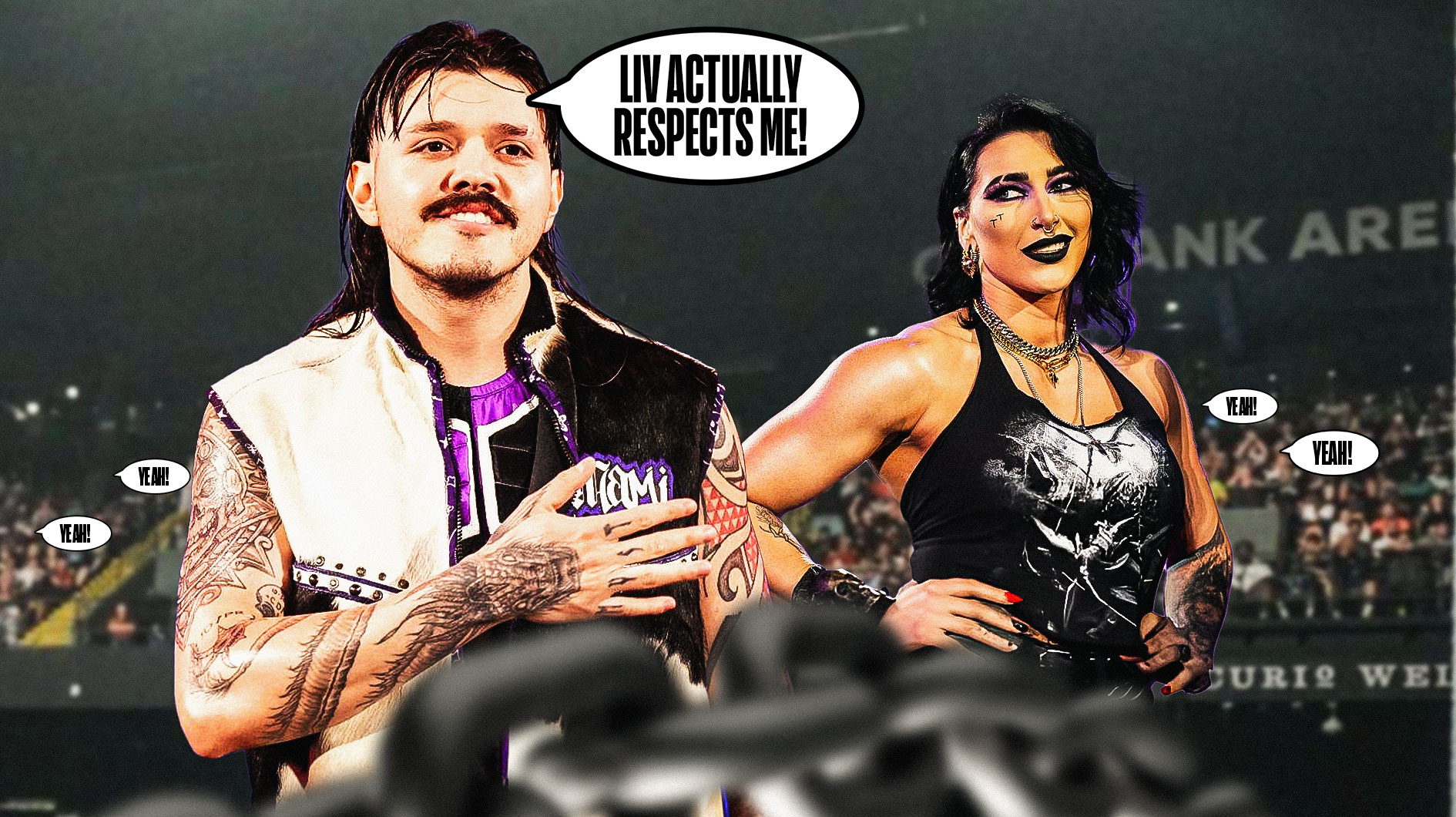 2024 Dominik Mysterio with a text bubble reading "Liv actually respects me!" next to Rhea Ripley in front of a WWE crowd with multiple text bubbles reading "Yeah!" spread throughout it.