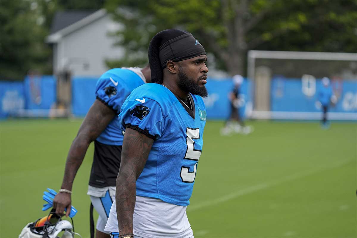 Carolina Panthers wide receiver Diontae Johnson (5) at Carolina Panthers Practice Fields. 