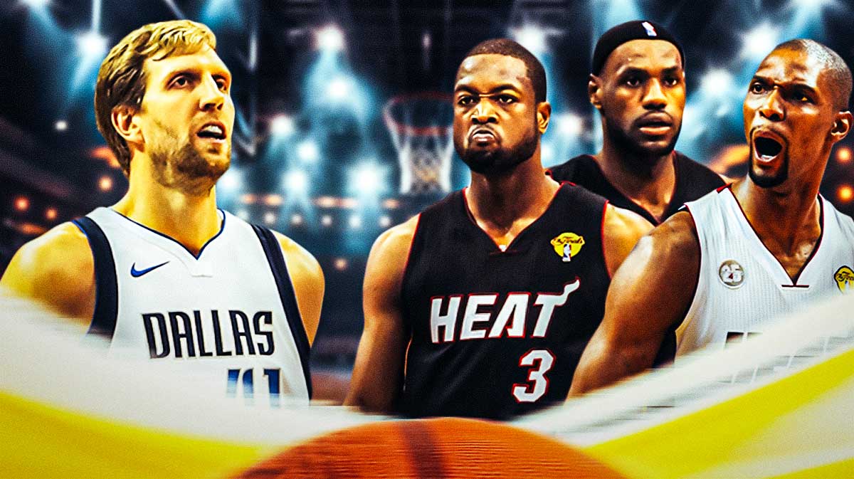 Dirk Nowitzki with a Mavericks jersey, LeBron James, Dwyane Wade, and Chris Bosh with a Heat jersey, with a basketball court in the background.