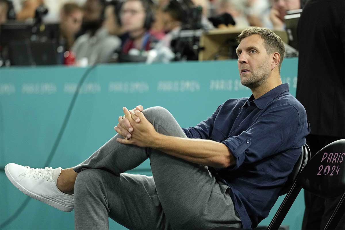 Dirk Nowitzki looks on during the men's basketball bronze medal game between Serbia and Germany during the Paris 2024 Olympic Summer Games at Accor Arena. Mandatory Credit: Kyle Terada-USA TODAY Sports