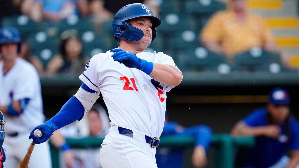 Oklahoma City's Dalton Rushing (21) grounds out during a baseball game between the Oklahoma City Baseball Club and the Round Rock Express at the Chickasaw Bricktown Ballpark in Oklahoma City, Wednesday, Aug. 7, 2024. Mandatory Credit: © BRYAN TERRY/THE OKLAHOMAN / USA TODAY NETWORK