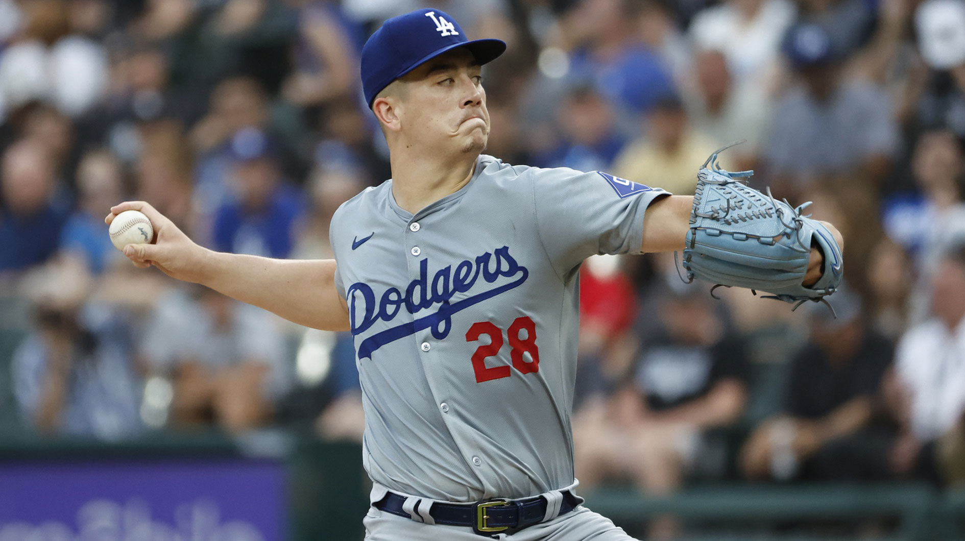 Los Angeles Dodgers starting pitcher Bobby Miller (28) pitches against the Chicago White Sox during the first inning at Guaranteed Rate Field.