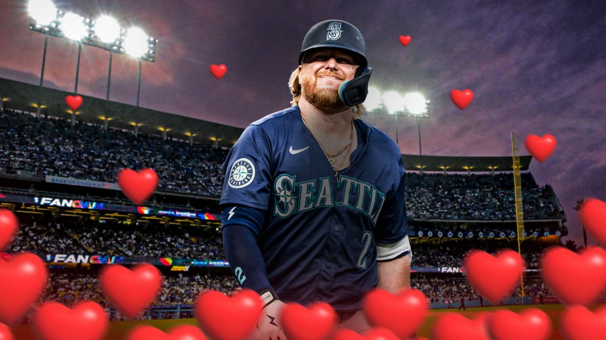 Justin Turner in a Seattle Mariners uniform surrounded by little red hearts and Dodgers stadium behind him as he was welcomed back by Dodgers fans after his trade to the Mariners.