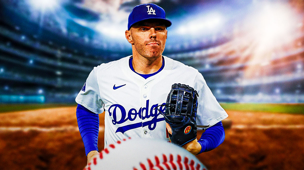 Los Angeles Dodgers star Freddie Freeman in front of Dodger Stadium.