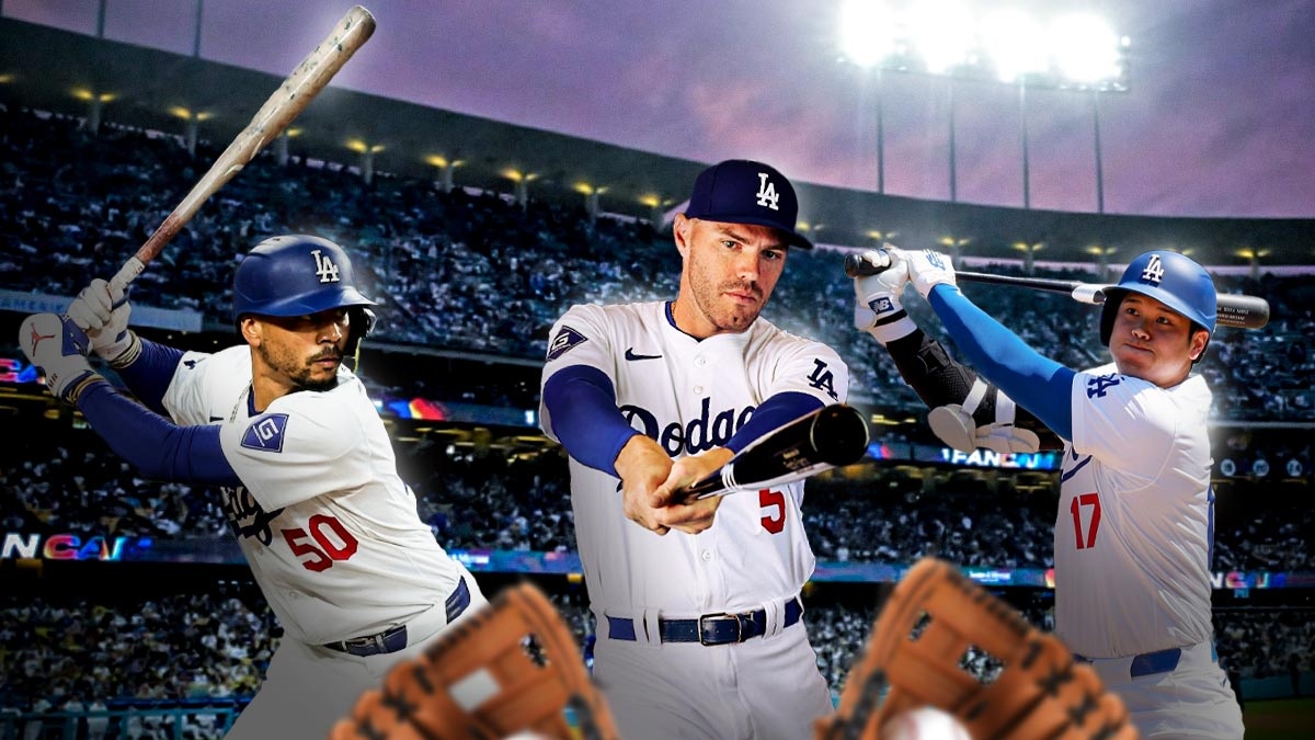 Shohei Ohtani batting in a Los Angeles Dodgers uniform, next to Mookie Betts batting in a Los Angeles Dodgers uniform, next to Freddie Freeman batting in a Los Angeles Dodgers uniform as the three players hit three straight Dodgers home runs to start the game.