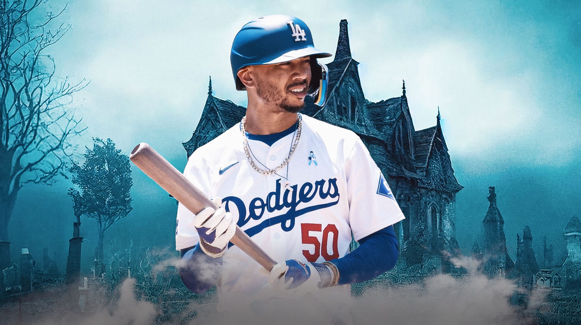 The Dodgers' Mookie Betts in front of a haunted house