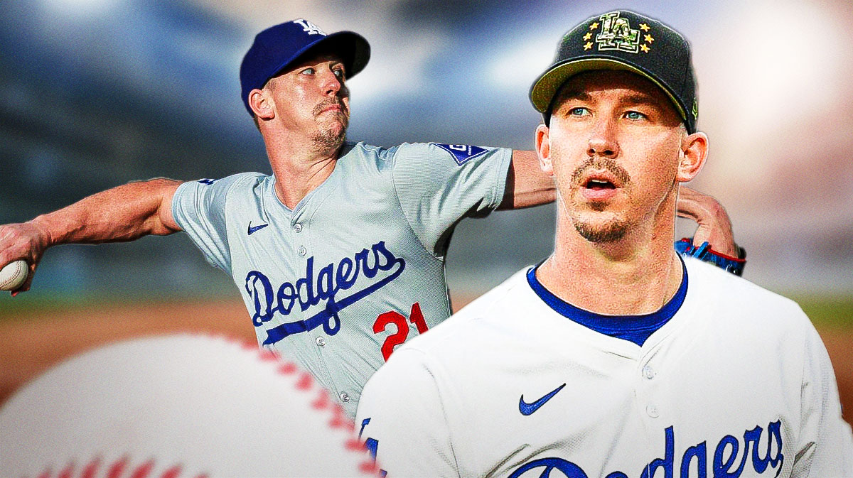 Dodgers Walker Buehler in front looking serious, close-up image. In background on left, Dodgers Walker Buehler pitching a baseball.
