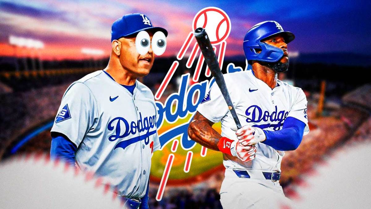 Dodgers Dave Roberts with emojis in his eyes looking at Jason Heyward hitting a homerun