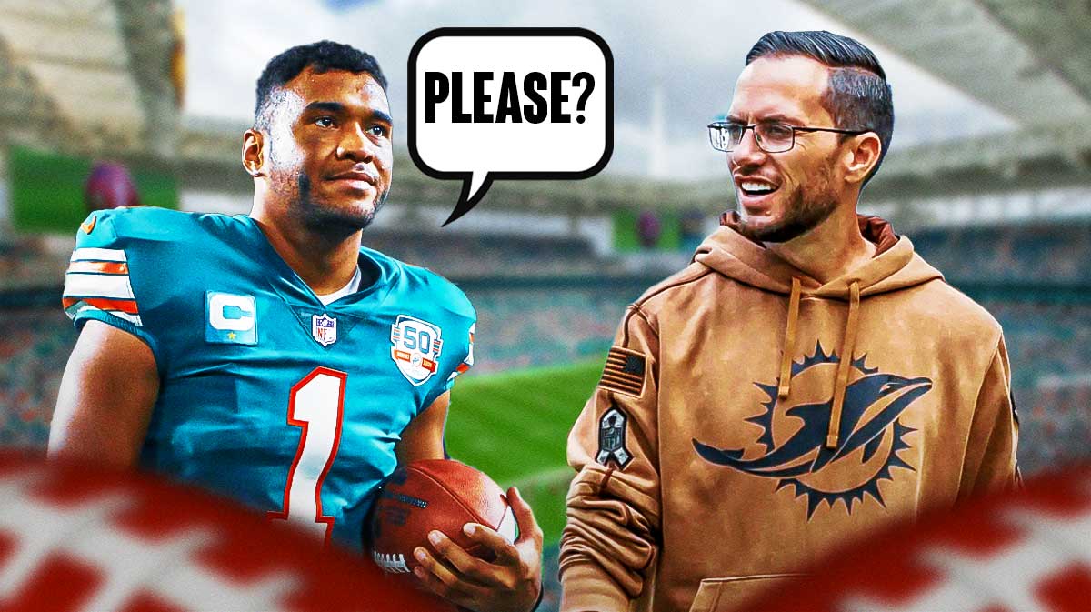 Photo: Tua Tagovailoa saying "Please?" in Dolphins jersey, Mike McDaniel looking at him smiling