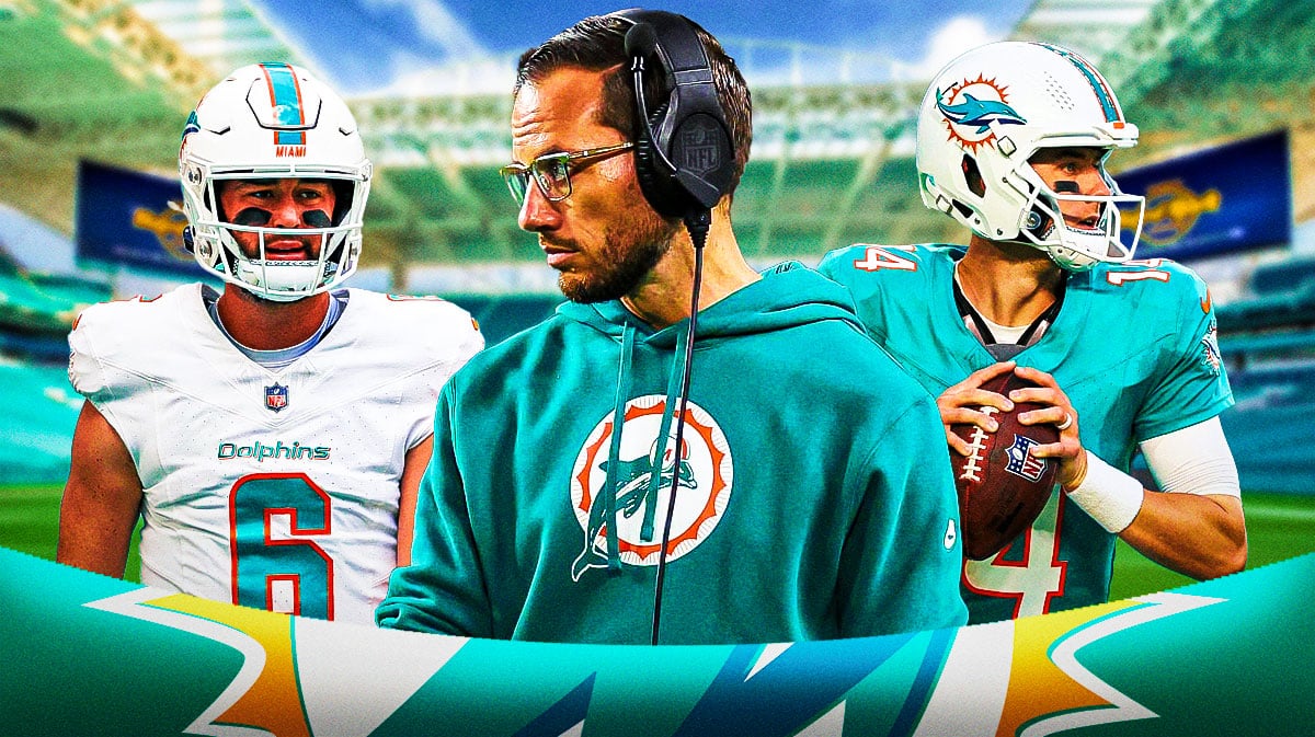 Miami Dolphins head coach Mike McDaniel in the middle of stars Mike White and Skylar Thompson in front of Hard Rock Stadium.