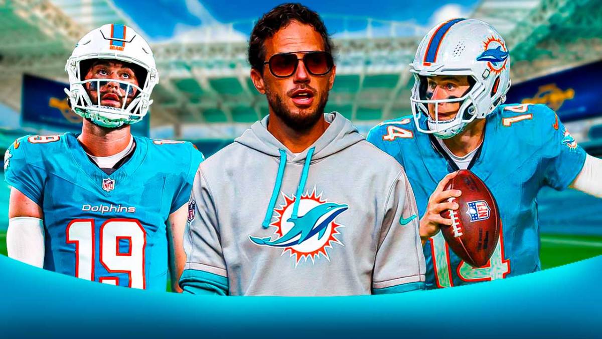 Miami Dolphins head coach Mike McDaniel in the middle of Skylar Thompson and Mike White in front of Hard Rock Stadium.