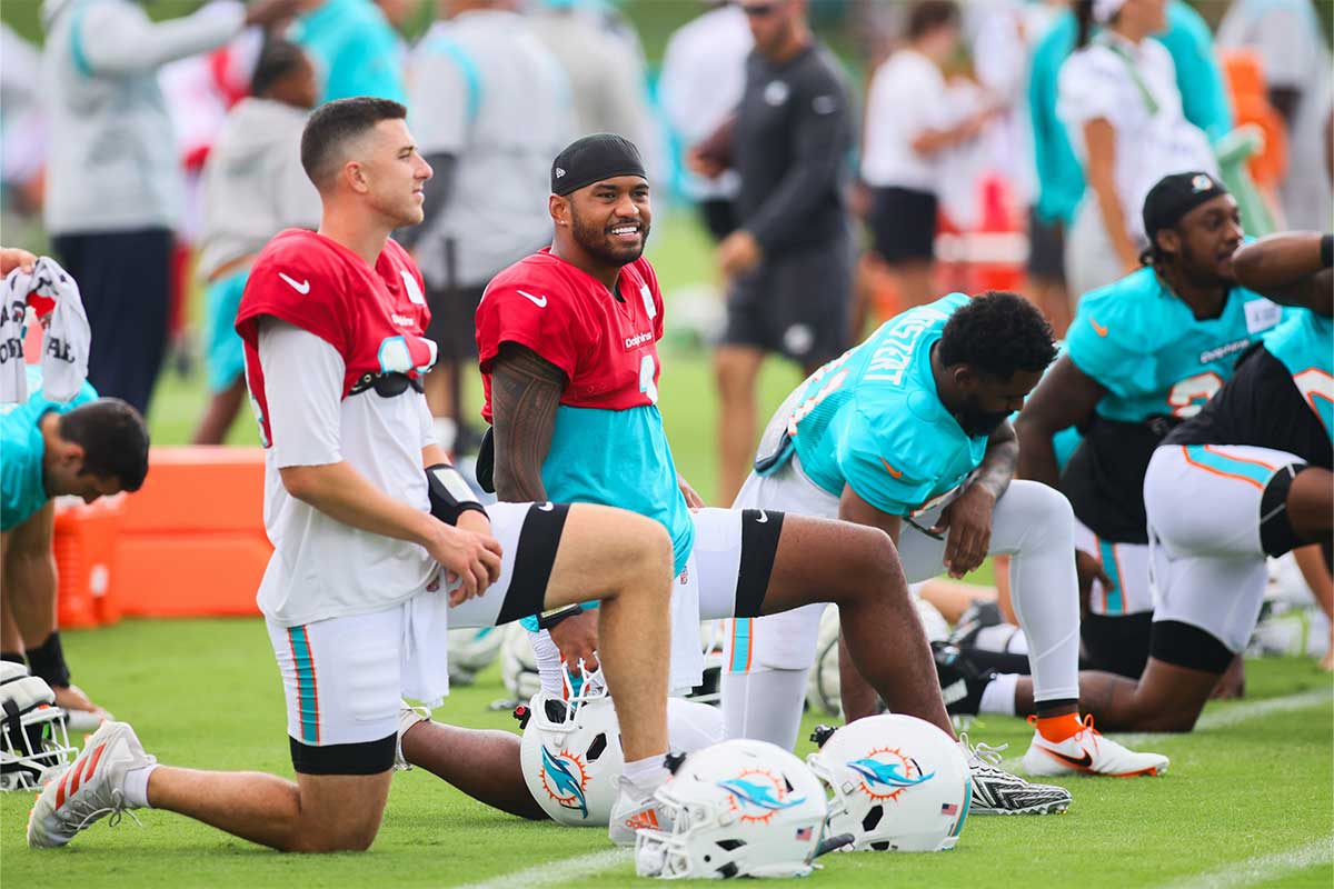 Dolphins quarterback room including Tua Tagovailoa and Mike White