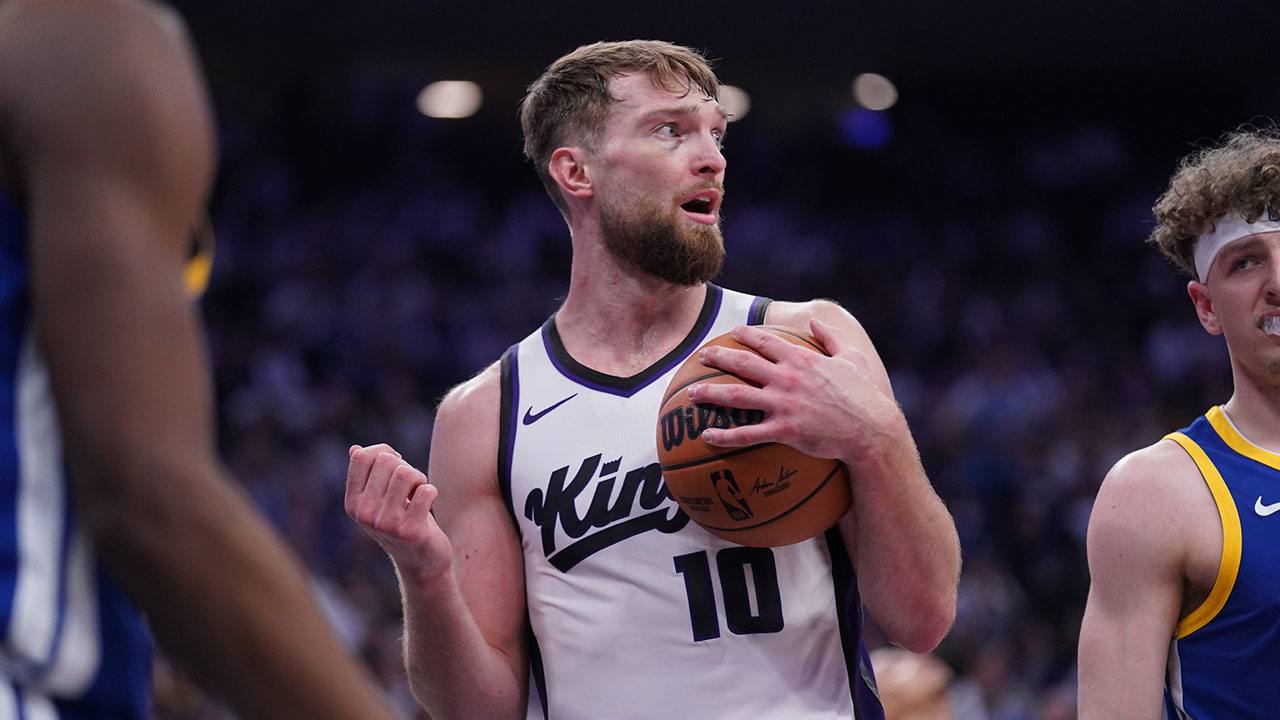 Sacramento Kings forward Domantas Sabonis (10) reacts after being called for a foul against the Golden State Warriors in the second quarter during a play-in game of the 2024 NBA playoffs at the Golden 1 Center.