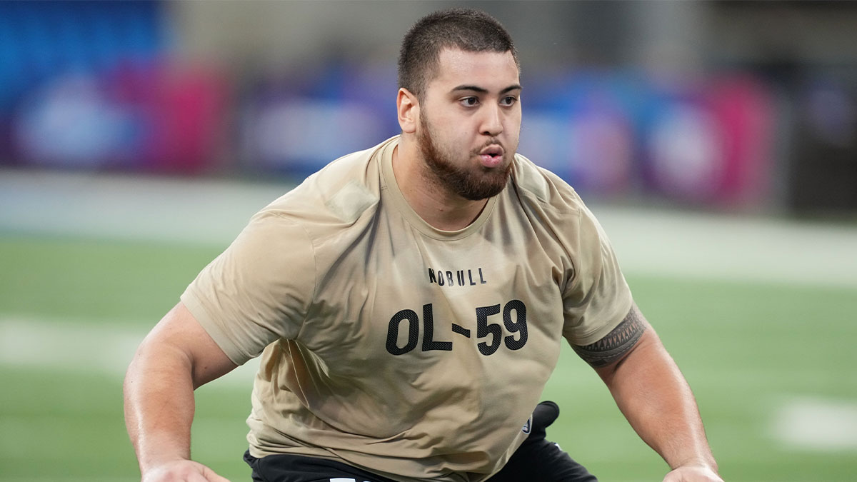 Kansas offensive lineman Dominick Puni (OL59) during the 2024 NFL Combine at Lucas Oil Stadium.