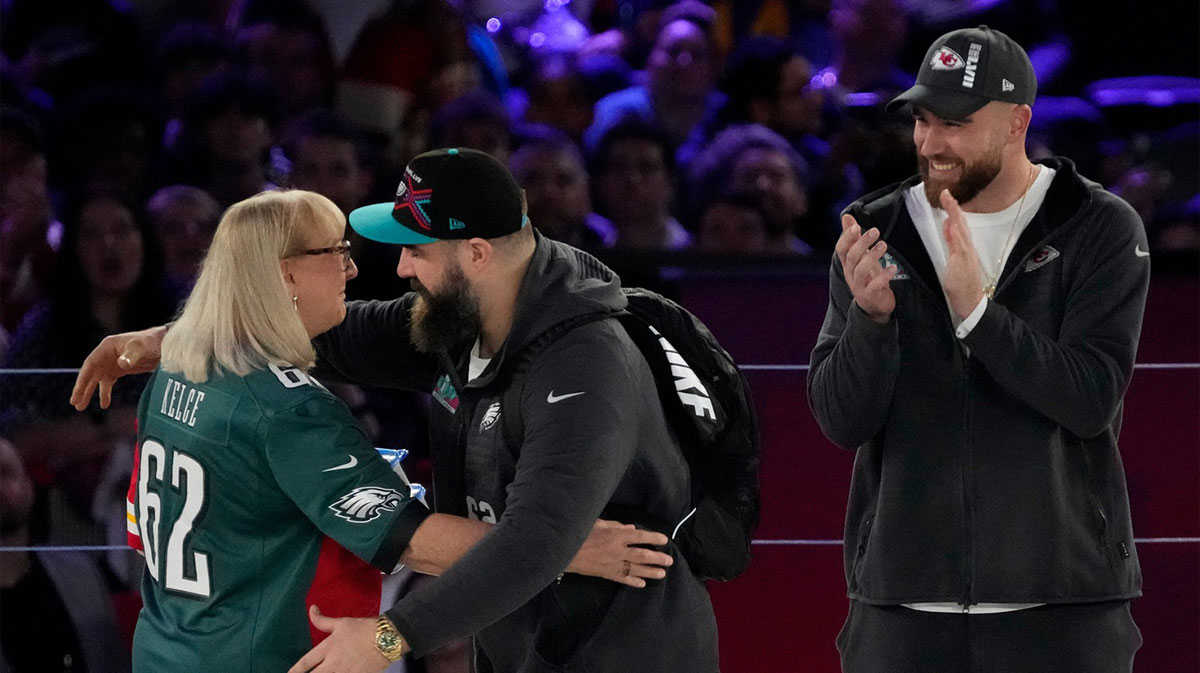 Donna Kelce with her sons Jason and Travis Kelce during the Super Bowl Opening Night in 2023.