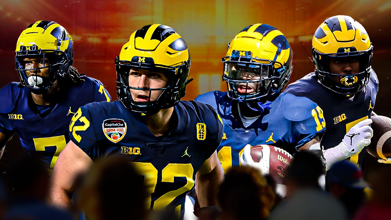 Michigan football, Wolverines, Michigan football captains, Donovan Edwards, Rod Moore, Donovan Edwards, Rod Moore, Makari Paige and Max Bredeson in Michigan football unis with Michigan football stadium in the background