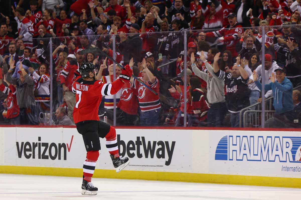 New Jersey Devils defenseman Dougie Hamilton (7) celebrates his goal against the Detroit Red Wings during the third period at Prudential Center.