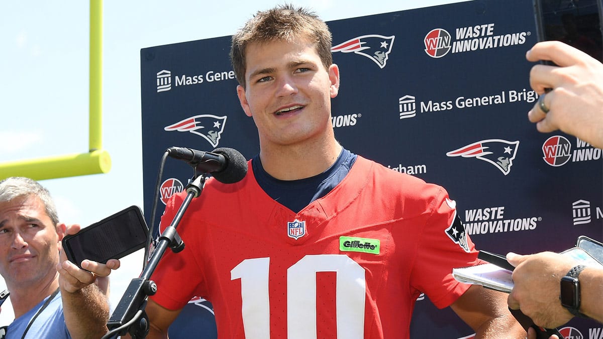 New England Patriots quarterback Drake Maye (10) holds a press conference at training camp at Gillette Stadium